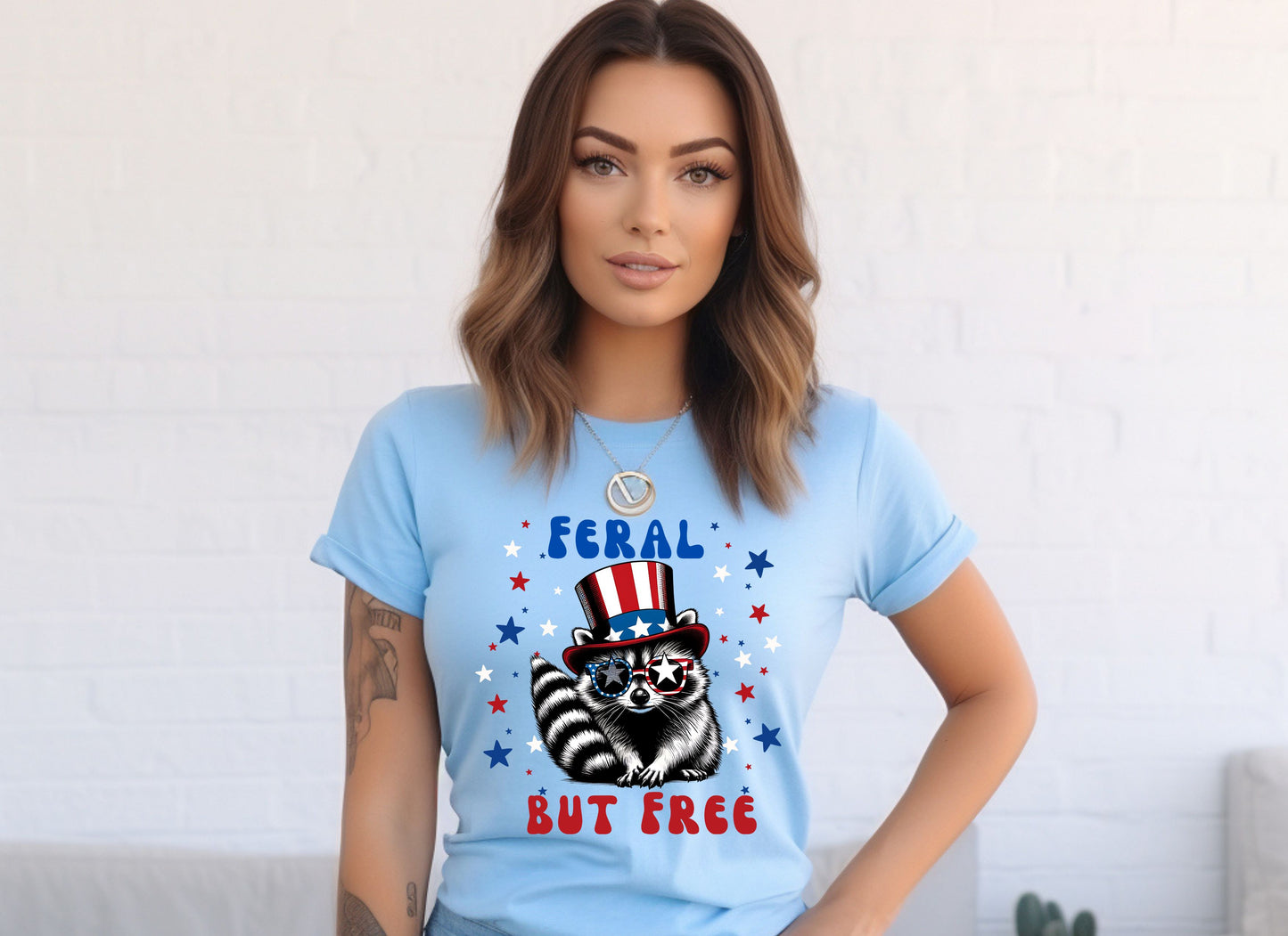 Raccoon 4th of July Unisex Tee, Feral but free, Patriotic Raccoon Shirt, Red White Blue Stars, USA Independence Day Top, July 4th Gift