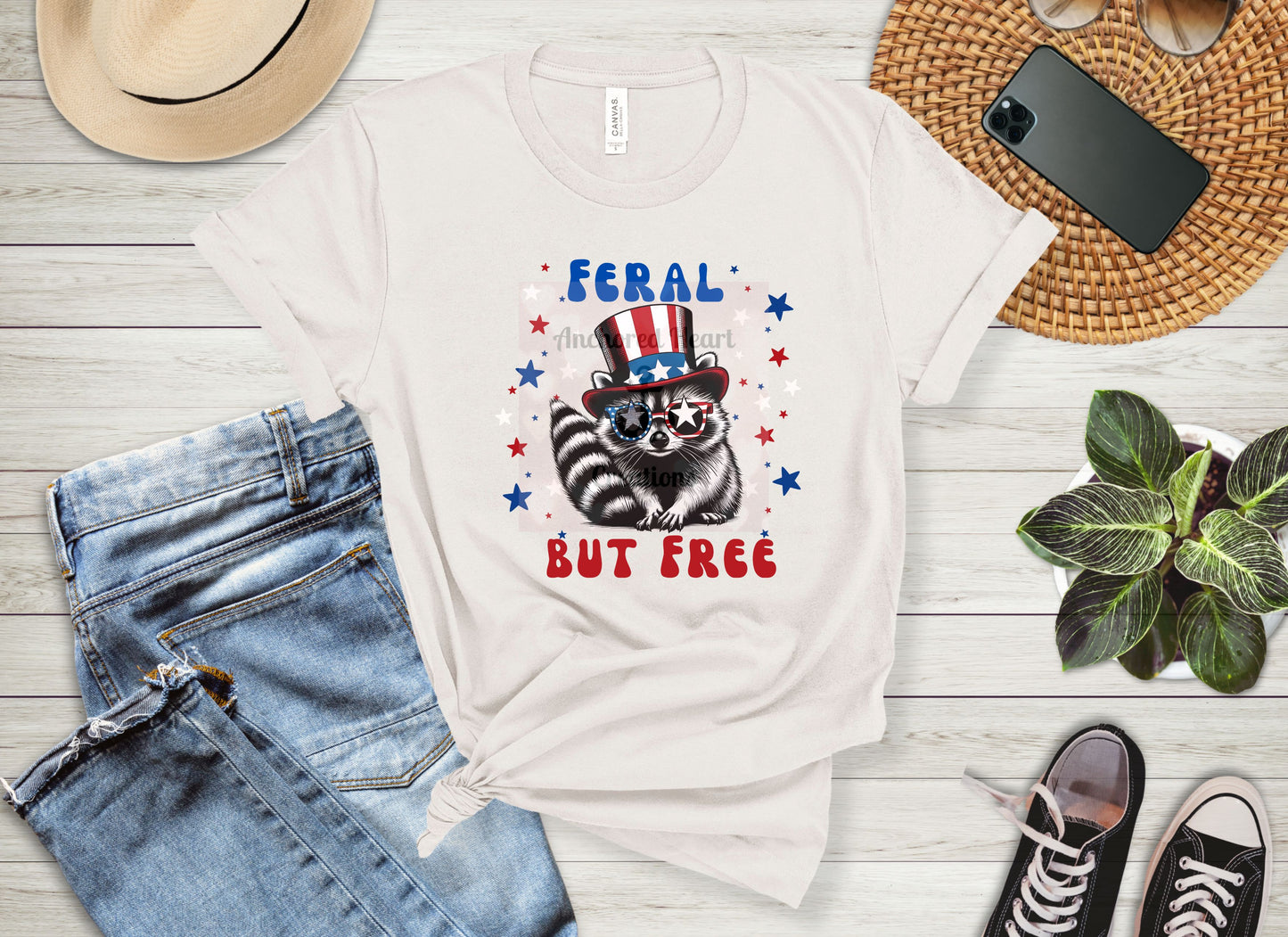 Raccoon 4th of July Unisex Tee, Feral but free, Patriotic Raccoon Shirt, Red White Blue Stars, USA Independence Day Top, July 4th Gift