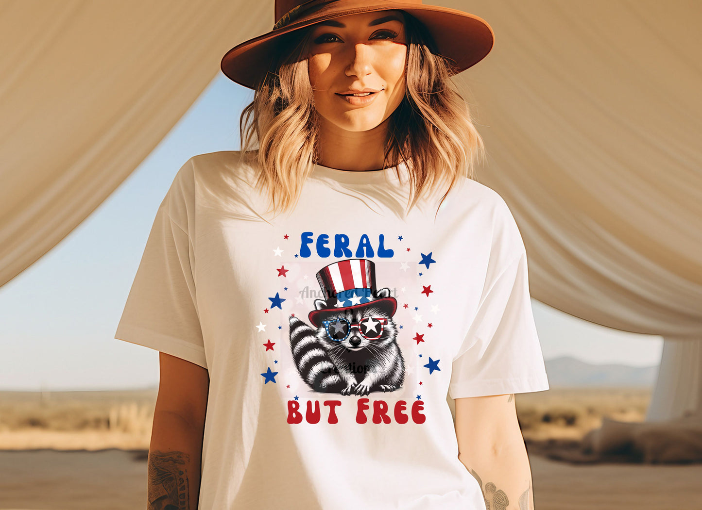 Raccoon 4th of July Unisex Tee, Feral but free, Patriotic Raccoon Shirt, Red White Blue Stars, USA Independence Day Top, July 4th Gift
