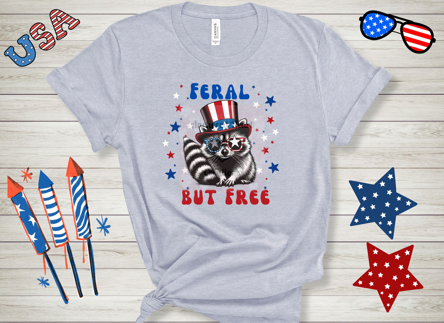 Raccoon 4th of July Unisex Tee, Feral but free, Patriotic Raccoon Shirt, Red White Blue Stars, USA Independence Day Top, July 4th Gift