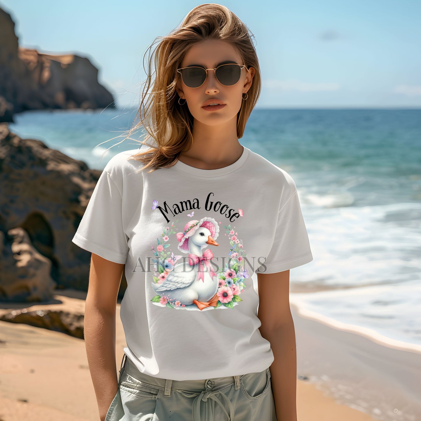 Mama Goose Unisex T-shirt, Mother's Day Gift, Sweet Goose, Wildflowers, Butterflies, Mom Shirt, Gift for Her