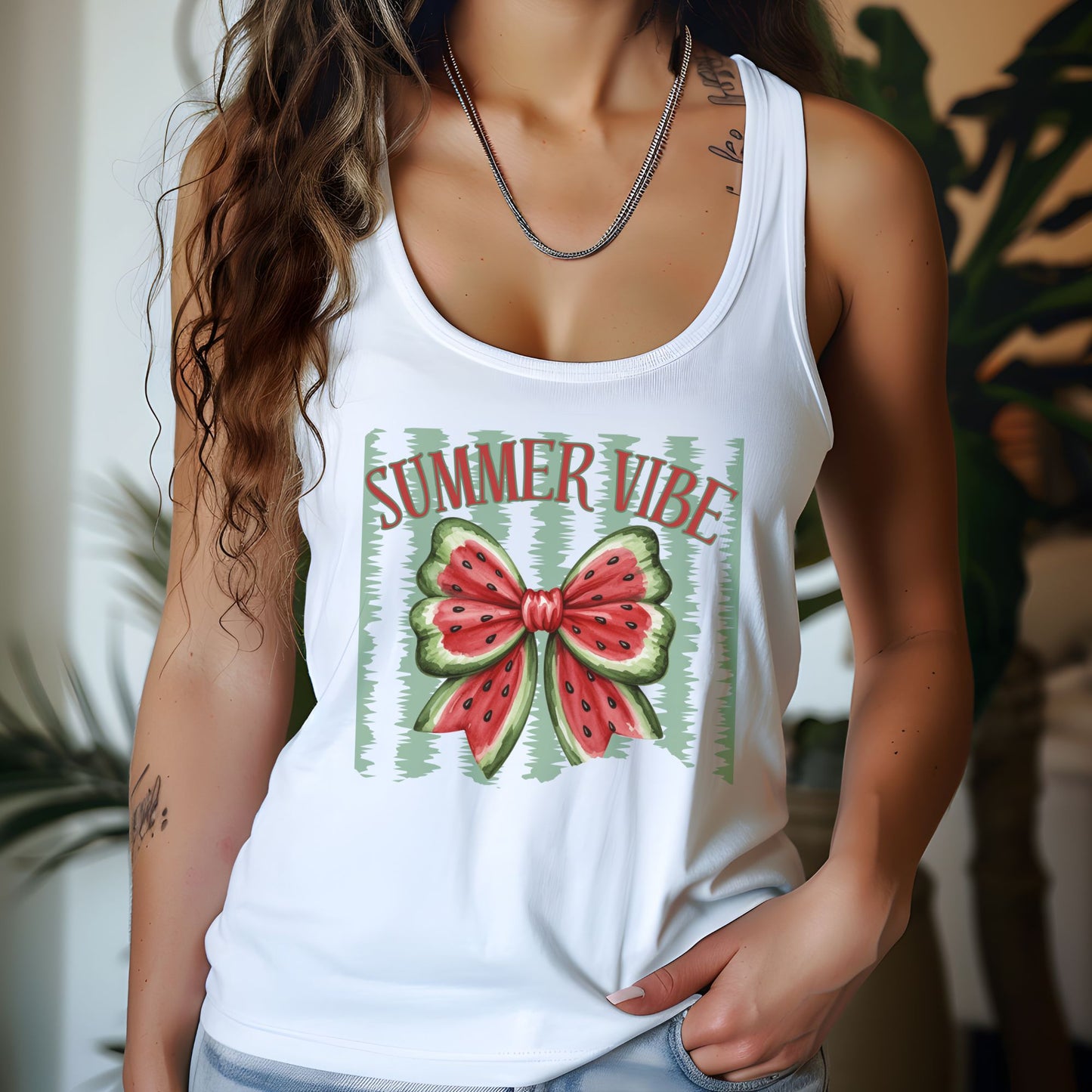 Watermelon Bow Summer Vibes Women's Racerback Tank, Beachwear Sleeveless Shirt, Casual Top, Vacation Apparel, Fruit Lover