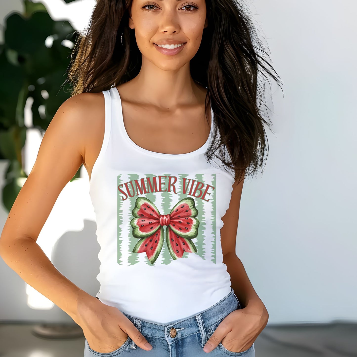 Watermelon Bow Summer Vibes Women's Racerback Tank, Beachwear Sleeveless Shirt, Casual Top, Vacation Apparel, Fruit Lover