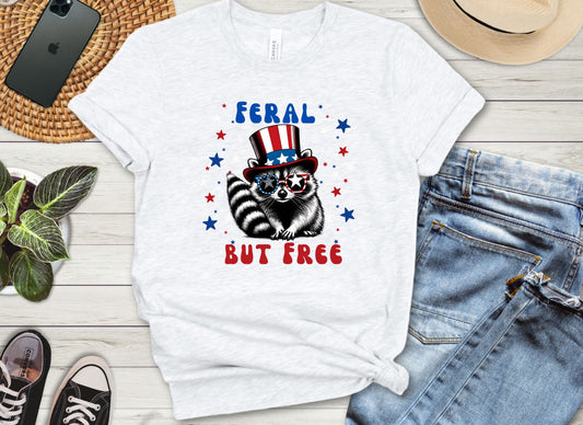 Raccoon 4th of July Unisex Tee, Feral but free, Patriotic Raccoon Shirt, Red White Blue Stars, USA Independence Day Top, July 4th Gift