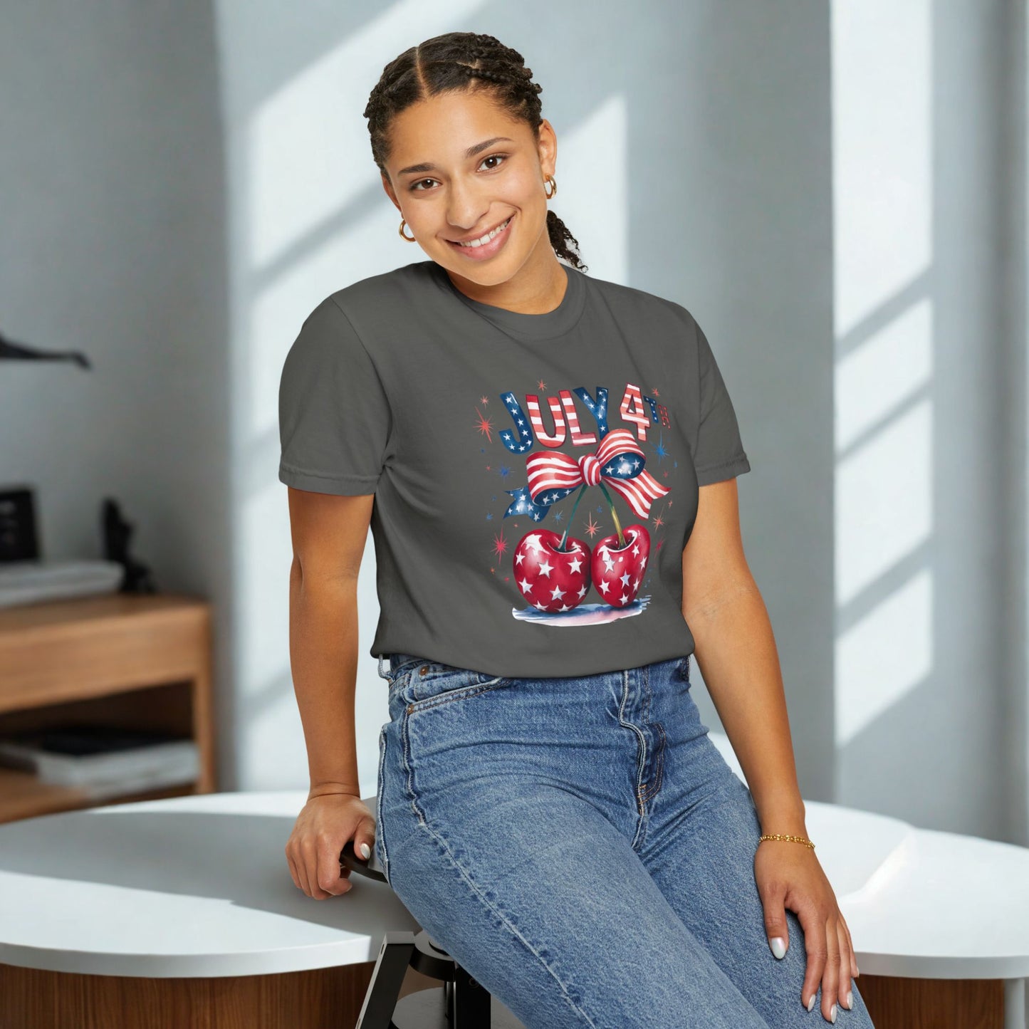 Cherries & Bow 4th of July Tee, Patriotic Stars- Stripes Shirt, Coquette Cherries T-shirt, Fourth of July