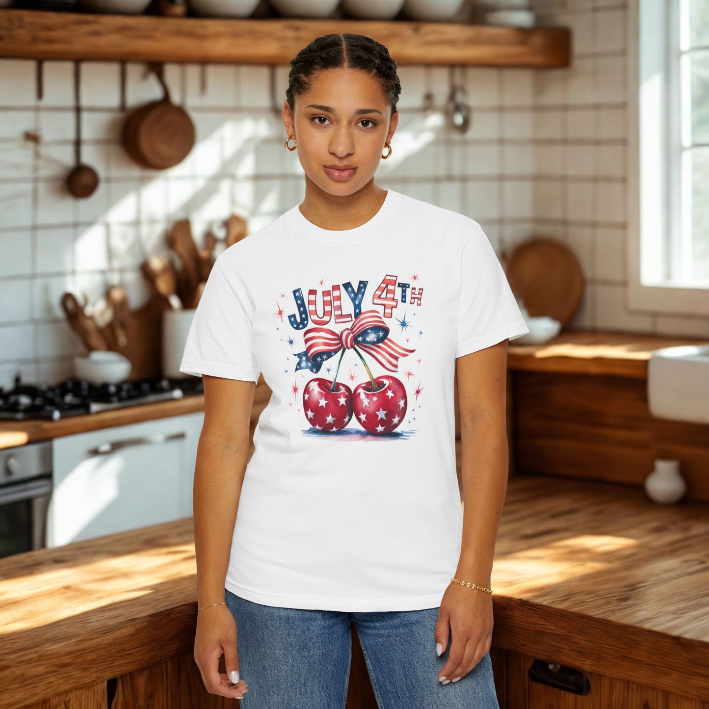 Cherries & Bow 4th of July Tee, Patriotic Stars- Stripes Shirt, Coquette Cherries T-shirt, Fourth of July