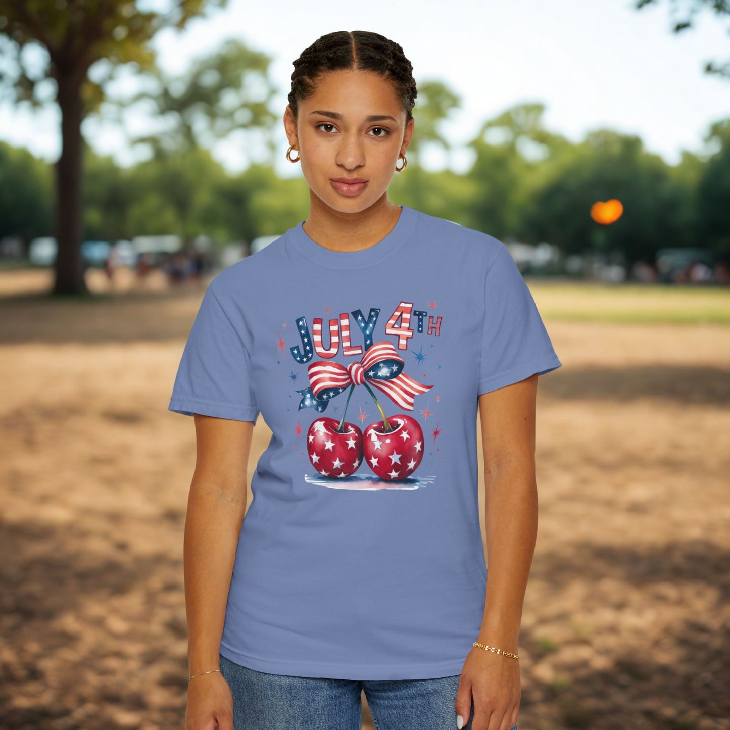 Cherries & Bow 4th of July Tee, Patriotic Stars- Stripes Shirt, Coquette Cherries T-shirt, Fourth of July