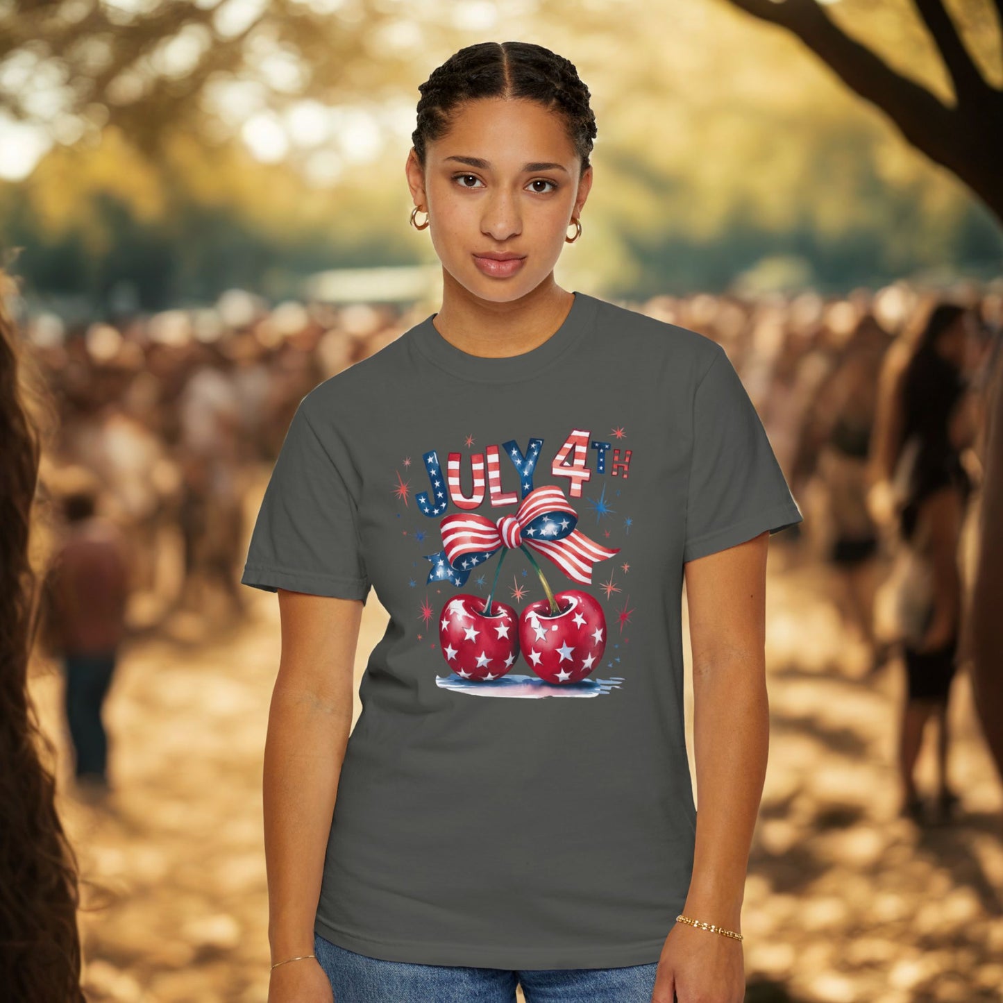 Cherries & Bow 4th of July Tee, Patriotic Stars- Stripes Shirt, Coquette Cherries T-shirt, Fourth of July