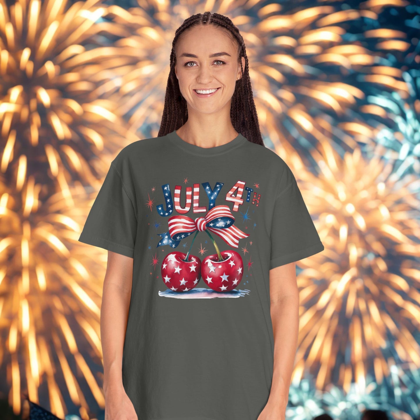 Cherries & Bow 4th of July Tee, Patriotic Stars- Stripes Shirt, Coquette Cherries T-shirt, Fourth of July