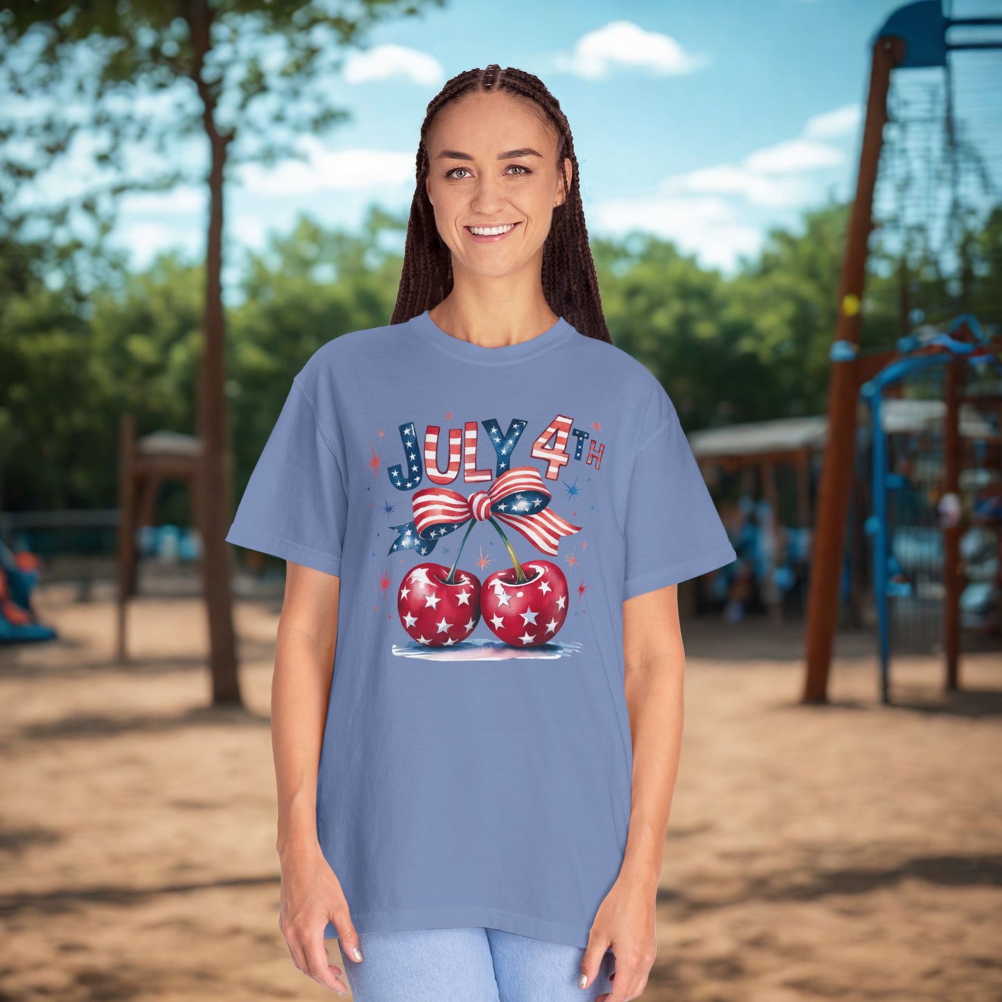Cherries & Bow 4th of July Tee, Patriotic Stars- Stripes Shirt, Coquette Cherries T-shirt, Fourth of July