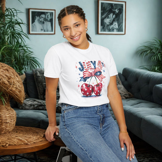 Cherries & Bow 4th of July Tee, Patriotic Stars- Stripes Shirt, Coquette Cherries T-shirt, Fourth of July