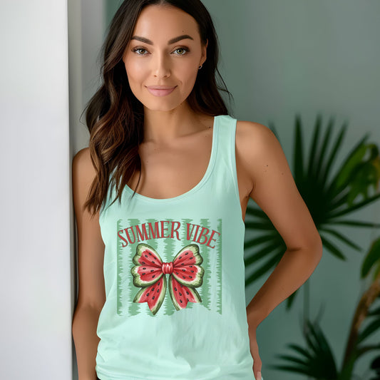 Watermelon Bow Summer Vibes Women's Racerback Tank, Beachwear Sleeveless Shirt, Casual Top, Vacation Apparel, Fruit Lover